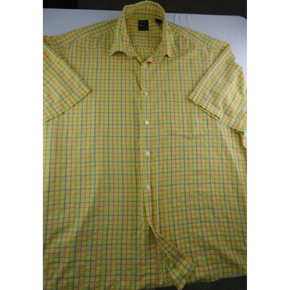 Kani Gold Button Shirt Mens XL Yellow Green Plaid French Cuff Vintage‎